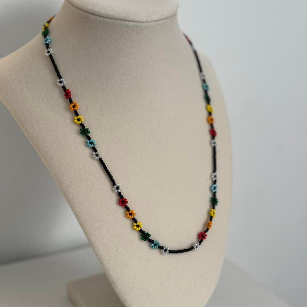 Black Multicoloured Beaded Flower Necklace Handmade Floral Jewelry Unique Gift - Picture 2 of 4